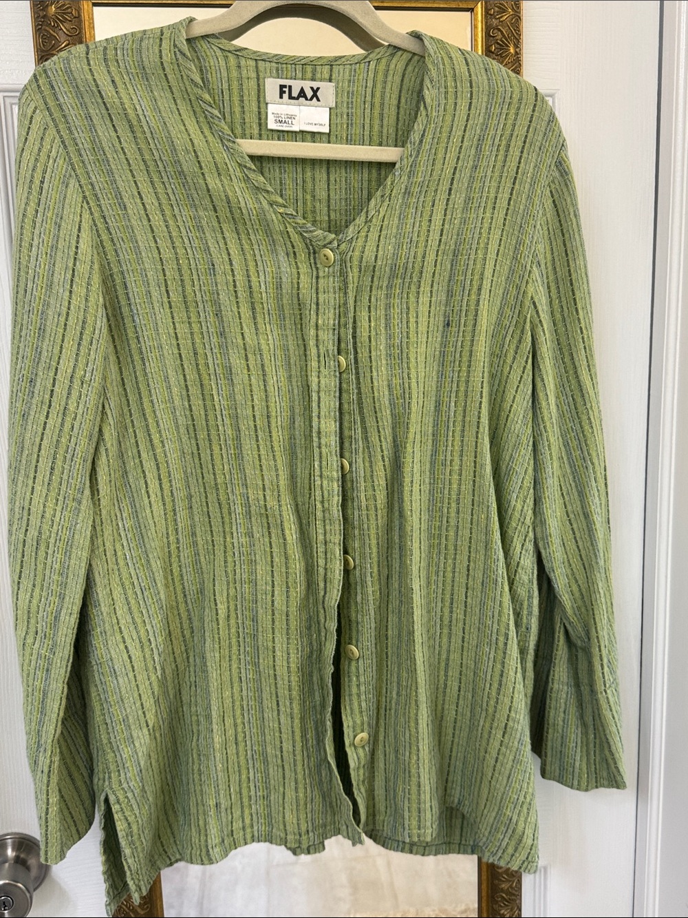 Flax Green Striped Linen Comfy Easy Button Front Top